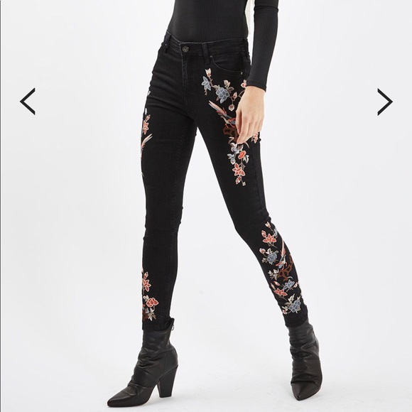 Topshop Denim - Topshop Moto Embroidered Jamie Black Skinny Jeans